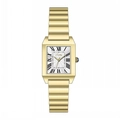 Detail of square gold watch with Roman numerals and blue cabochon gem on crown - Gold