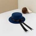 Navy blue wool doll hat with black bow and long ribbons for 20cm plush figures - Circumference 34cm / Navy Blue + Black Bow