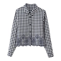 Women's long sleeve plaid shirt with floral embroidery and scalloped hem on white background - XS / Black