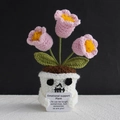 Crochet skeleton plant with pink flowers and an emotional support message card - Halloween 3-Head Lily of the Valley Pink