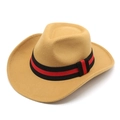 Detail of camel wool felt cowboy hat featuring a black and red striped decorative band - Camel