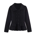 Detailed close-up of a black tweed-style double-breasted knit cardigan with silver buttons - S / Black