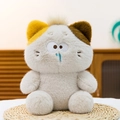 Cute white plush cat toy with blue snot embroidery on a round woven mat indoors - Calico Cat / 22cm
