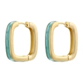 Close-up of rectangular gold-plated hoop earrings with vibrant mint green enamel inlay - Blue