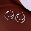 Vintage silver double hoop earrings on red velvet background with elegant geometric design - 64# Silver Earring Post - Silver - Double Circle Hoop Geometric
