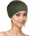 Olive green turban hat for women in soft elastic fabric shown on a smiling model - One Size / Army Green