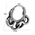Silver snake-shaped stainless steel hoop earring with detailed scale texture and size specs - 3D Snake Hoop