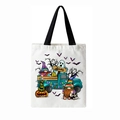 White Halloween canvas tote bag with gnome, pumpkin and ghost trick or treat graphics - Truck and Gnomes
