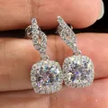 Silver cushion-cut moissanite drop earrings with wave design and halo diamonds - A Pair Of Platinum-gold Leds-162