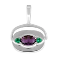 Silver pendant with oval purple stone and round green gems in a rotating floral design - Style 13 (Silver Oval Purple Gem)