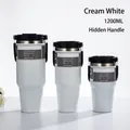Creamy white stainless steel insulated tumblers in 40oz, 30oz, and 20oz sizes with handles - Dual Drink Lid Cream White