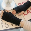Thick black knitted fingerless gloves for winter with warm touch screen wrist support - One Size / Black
