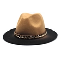 Détail d'un chapeau fedora en laine avec chaîne dorée et large bord noir élégant - M (56-58cm) / Chameau + Noir