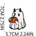 Macro detail of ghost holding pumpkin embroidery patch measuring 7x5.7 cm for Halloween - Style 17 - Holding Pumpkin Ghost