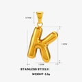 Golden stainless steel letter K chubby pendant with detailed size measurements - Letter K - Gold