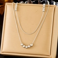Double-layer silver stainless steel necklace with round metallic beads on fine chain - Silver Double Layer Bead Necklace (N2800 Silver)