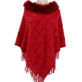 Poncho en maille chenille rouge avec col en fausse fourrure bordeaux et ourlet à franges - 85*80CM / Bordeaux