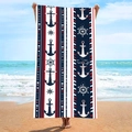 Navy nautical beach towel with anchor and lighthouse patterns for outdoor surf sports - B83-Classic Nautical Anchor
