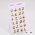 Set of 12 pairs of golden stainless steel hollow flower hoop earrings on a display board - Small (13*11mm)
