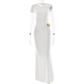 Elegant white slim fit maxi dress with backless design and gold flower waist detail - S / White