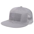 Detail of 3D embroidered American flag on grey mesh trucker hat with flat brim - Grey Mesh