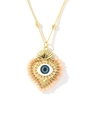 Detailed view of the 18k gold heart pendant with evil eye and pink bead accents - Apricot