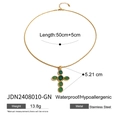 Gold stainless steel cross necklace with green zircon stones, length 50cm+5cm - Five Green Gemstones Cross Pendant Gold Thin Chain (JDN2408010-GN)