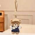 Cute teddy bear plush keychain wearing a khaki bucket hat and denim overalls with lanyard - British Style Denim Pants / 15cm Pendant