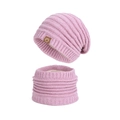 Mauve winter knit beanie and neck warmer set with warm fleece lining and leather patch - Pink