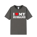 Dark gray round neck T-shirt featuring bold white I Love My Husband print with red heart - Dark Grey (I Love My Husband)