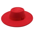 Detail of red wool felt fedora hat featuring wide flat brim and decorative ribbon bow - M (56-58cm) / Bright Red