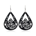 Close-up of black teardrop wooden earrings with Celtic Triquetra laser-cut pattern - Style 18 (Celtic Teardrop)