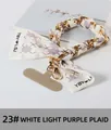 Short phone strap with golden chain and white-lilac plaid silk scarf handle - 23# White Light Purple Plaid