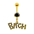 Golden belly ring with black zircon stones featuring a dangling BITCH letter pendant - Gold Plated Black Zircon