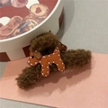 Brown plush claw clip with leather puppy detail on pink cardstock background - Hair Claw / Coffee