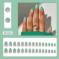 Green wavy press-on nails with glitter lines and almond shape gradient design - Green Ripple Glue Style (W1626)