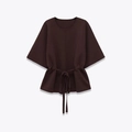 Fashionable espresso knit top with chic puff sleeves and adjustable waist tie belt - S / Dark Brown