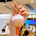 Pink and white cat leather keychain with gold lucky coin charm and lobster clasp - Chubby Lucky Cat / Pink