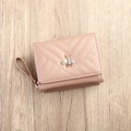 Pink PU leather short wallet with V-quilt pattern and gold bee buckle detail - Khaki