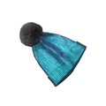 Metallic blue striped knit beanie with large dark grey faux fur pompom decoration - One Size / Laser Blue