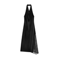 Elegantes schwarzes Samtkleid mit Neckholder, Spitzenbesatz am Saum und Wasserfall-Ausschnitt - XS / Schwarz