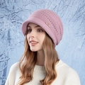 Winter lotus pink knit earflap hat with visor and metal M detail for women - Leather Purple
