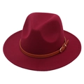 Detail of burgundy wool fedora hat featuring a brown faux leather belt with a gold buckle - Kids One Size (54cm) / Burgundy