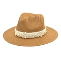 Detailed close-up of woven straw fedora hat with elegant pearl embellishments and white ribbon - M (56-58cm) / Camel