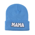 Detail of blue knitted beanie featuring white MAMA towel embroidery patch - Sky Blue