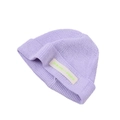 Lavender knit beanie for kids with green embroidered patch on white background - Purple