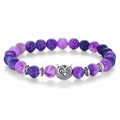 Perlenarmband aus lila gestreiftem Achat mit vintage Eulenanhänger und Metallakzenten - Lila gestreifter Achat Armband