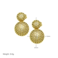 Detail view of 18k gold plated double sphere earrings with dimensions 20mm and 6.6g weight - Double Ball Pave Earring Jewelry (DE240627-D)