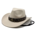 Detail of cream wool cowboy hat featuring a leather studded band and adjustable chin strap - M(56-58cm) / Off White