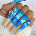 Uñas postizas extra largas tipo ataúd con arte veraniego de playa hawaiana y palmeras pintadas - Estilo de Playa de Verano-Tipo Pegamento (CBLCY-139)
